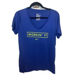 Nike Tee Shirt Women's Large Blue V-Neck Short Sleeve Workin' It Swoosh Logo